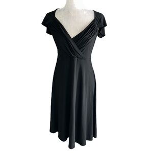 Shoshanna Black Jersey Knit Draped Surplice V-Neck A-Line Midi Dress - 8